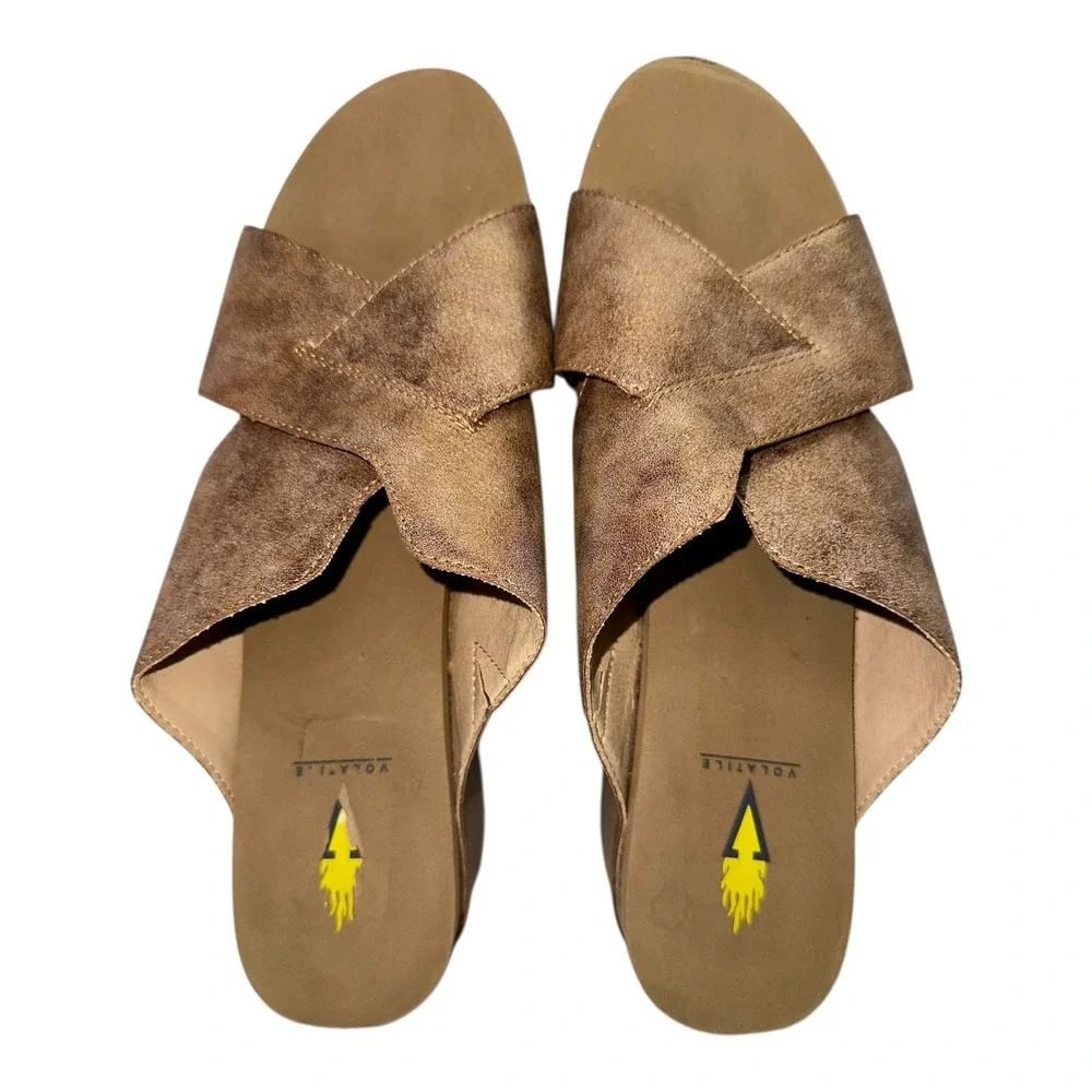 Volatile Cork Wedge Slide Sandals Metallic Bronze‎ Boho Comfort Womens 10